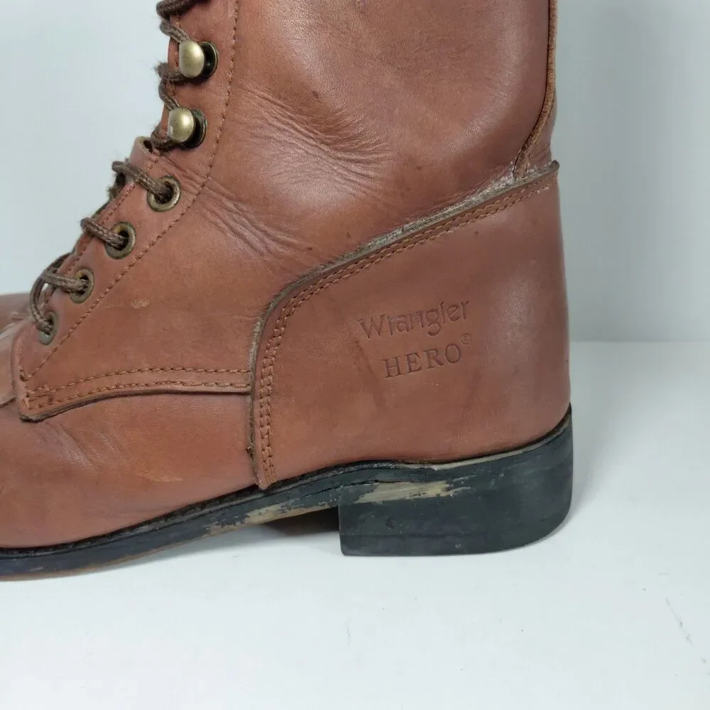 VTG Wrangler Hero Brown Leather Lace-up Western Boots Mens Size 9.5